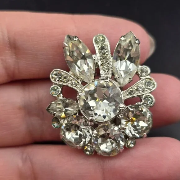 Eisenberg Vintage Rhinestone Clip-On Earrings  Floral Silver-Tone Statement READ - Picture 4 of 11